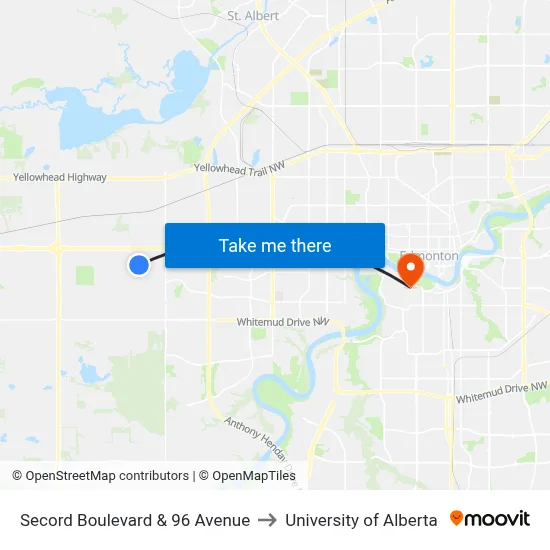 Secord Boulevard & 96 Avenue to University of Alberta map