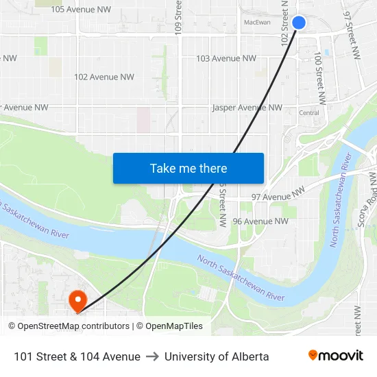 101 Street & 104 Avenue to University of Alberta map