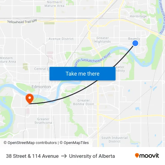 38 Street & 114 Avenue to University of Alberta map
