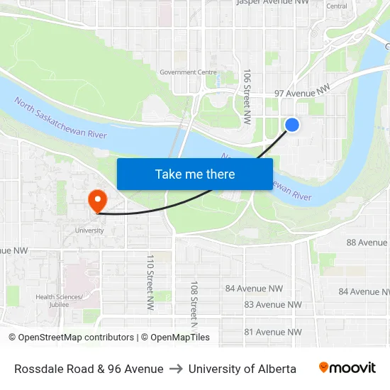 Rossdale Road & 96 Avenue to University of Alberta map