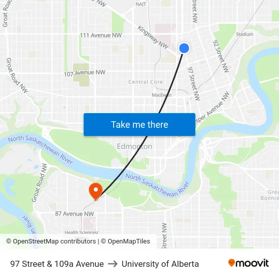 97 Street & 109a Avenue to University of Alberta map