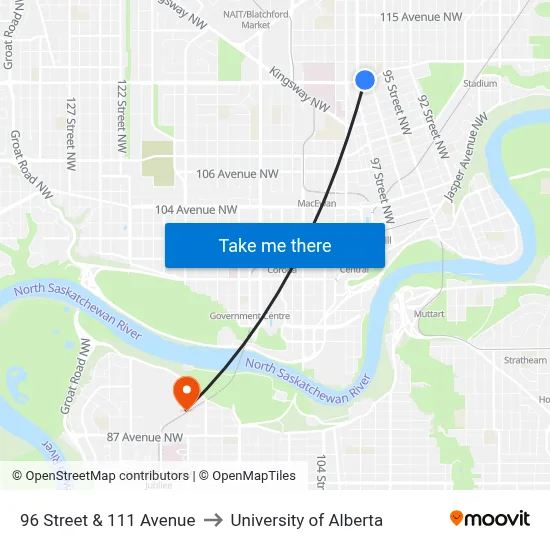 96 Street & 111 Avenue to University of Alberta map