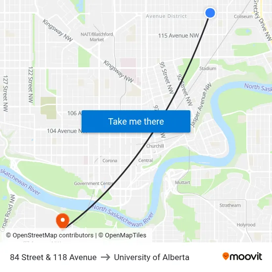 84 Street & 118 Avenue to University of Alberta map