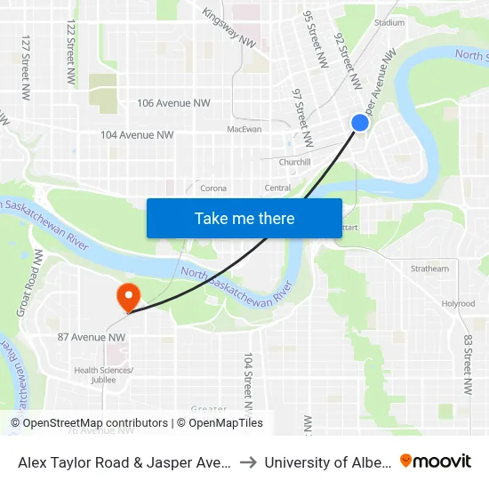 Alex Taylor Road & Jasper Avenue to University of Alberta map