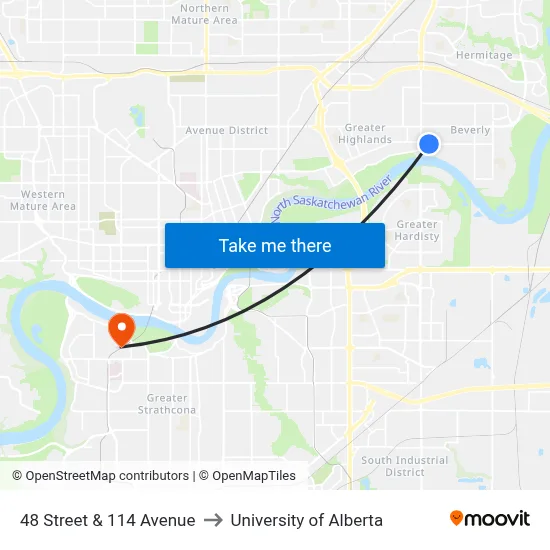 48 Street & 114 Avenue to University of Alberta map
