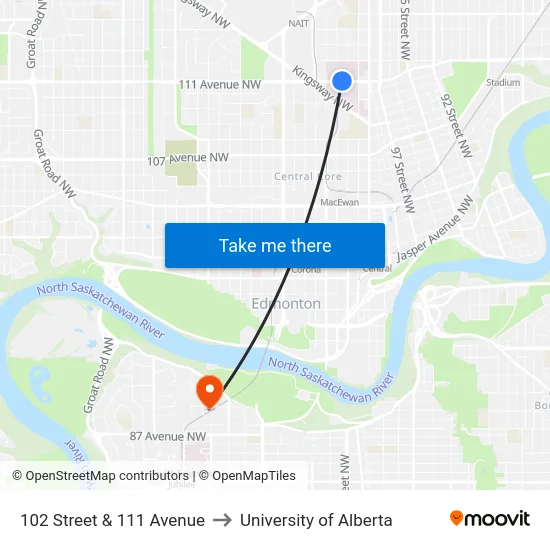 102 Street & 111 Avenue to University of Alberta map