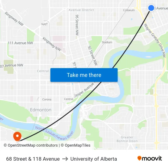 68 Street & 118 Avenue to University of Alberta map