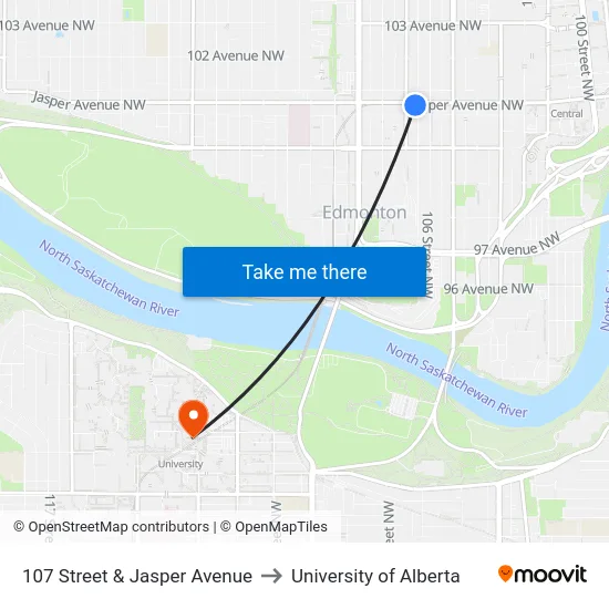 107 Street & Jasper Avenue to University of Alberta map