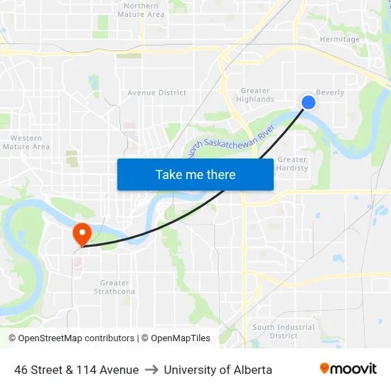 46 Street & 114 Avenue to University of Alberta map