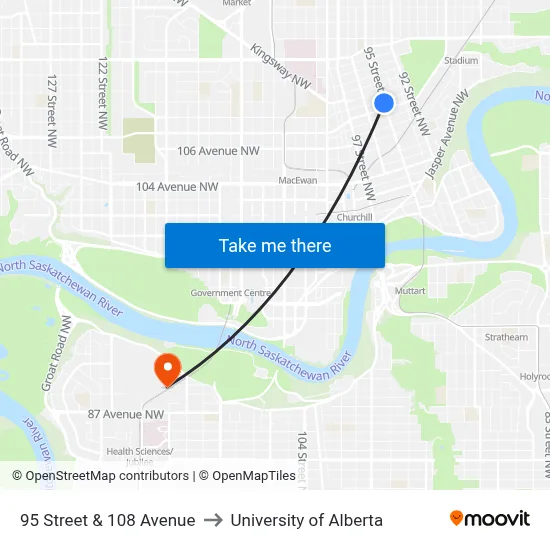 95 Street & 108 Avenue to University of Alberta map