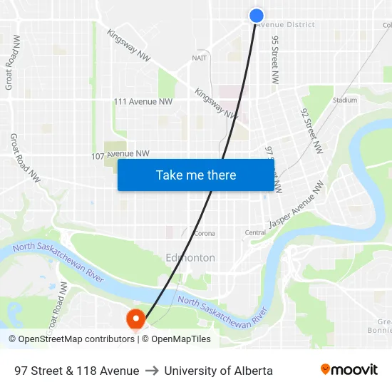 97 Street & 118 Avenue to University of Alberta map