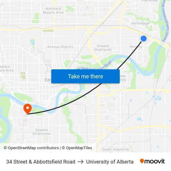 34 Street & Abbottsfield Road to University of Alberta map