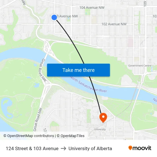 124 Street & 103 Avenue to University of Alberta map