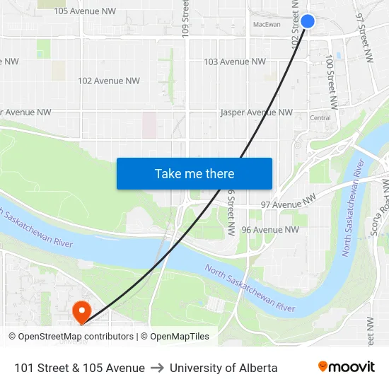 101 Street & 105 Avenue to University of Alberta map