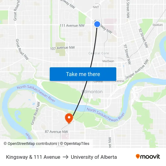 Kingsway & 111 Avenue to University of Alberta map