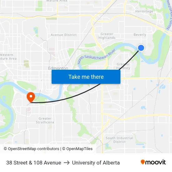38 Street & 108 Avenue to University of Alberta map