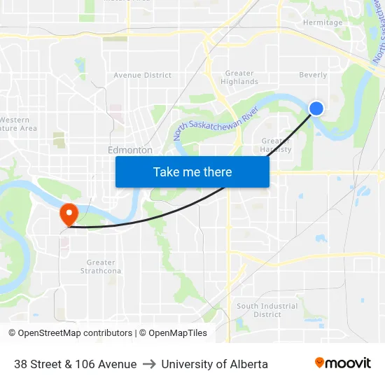 38 Street & 106 Avenue to University of Alberta map