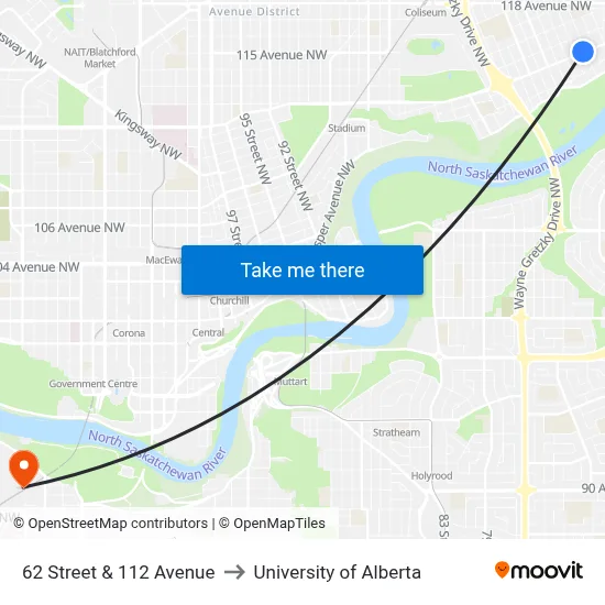 62 Street & 112 Avenue to University of Alberta map