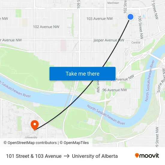 101 Street & 103 Avenue to University of Alberta map