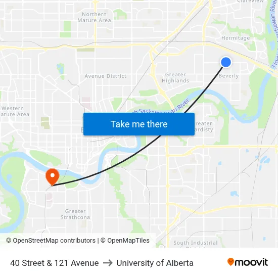 40 Street & 121 Avenue to University of Alberta map