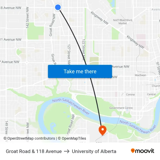 Groat Road & 118 Avenue to University of Alberta map