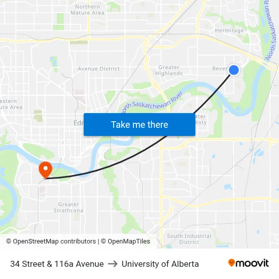 34 Street & 116a Avenue to University of Alberta map