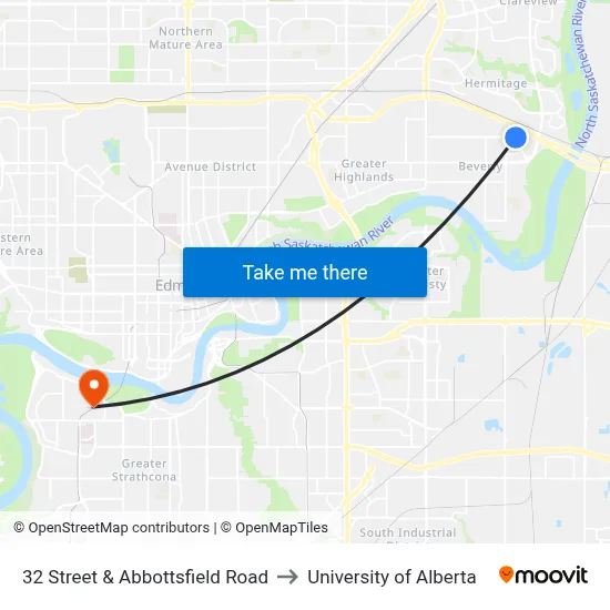 32 Street & Abbottsfield Road to University of Alberta map