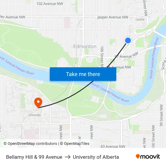 Bellamy Hill & 99 Avenue to University of Alberta map