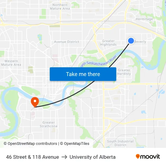 46 Street & 118 Avenue to University of Alberta map