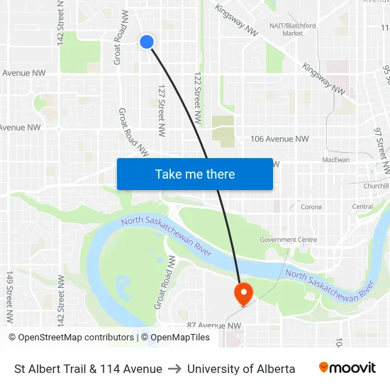 St Albert Trail & 114 Avenue to University of Alberta map