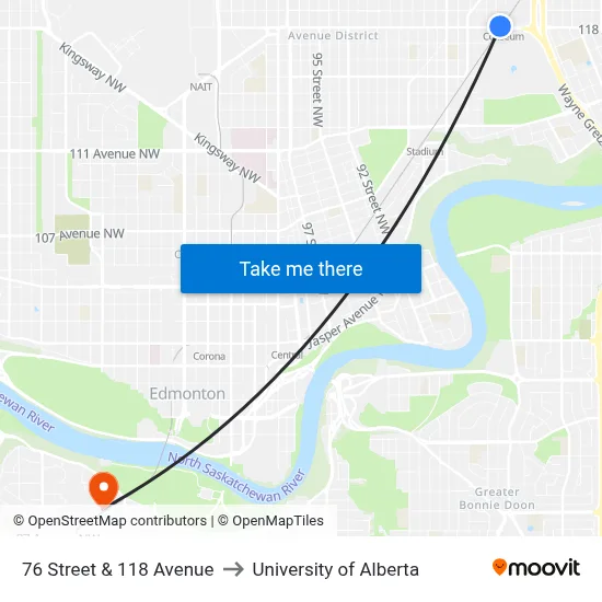76 Street & 118 Avenue to University of Alberta map