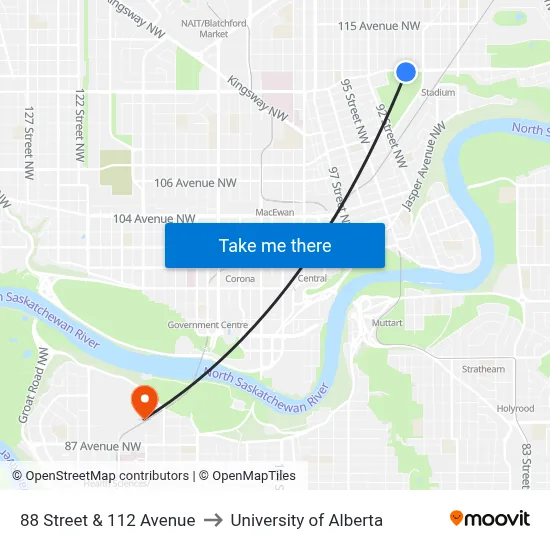88 Street & 112 Avenue to University of Alberta map
