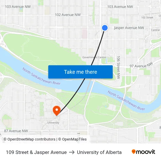 109 Street & Jasper Avenue to University of Alberta map