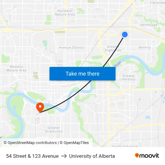 54 Street & 123 Avenue to University of Alberta map