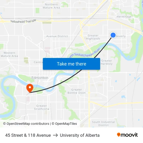 45 Street & 118 Avenue to University of Alberta map