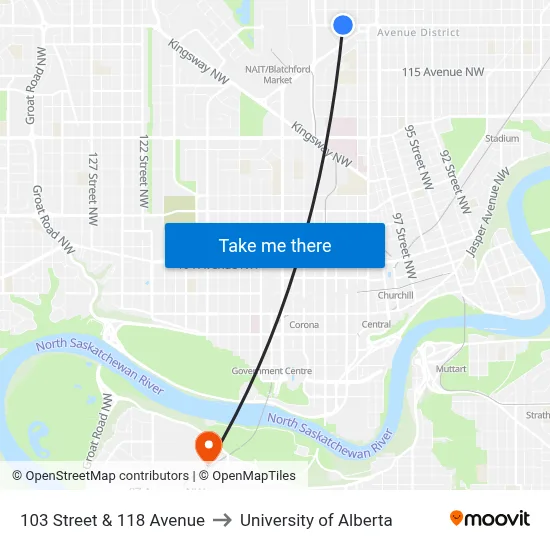 103 Street & 118 Avenue to University of Alberta map