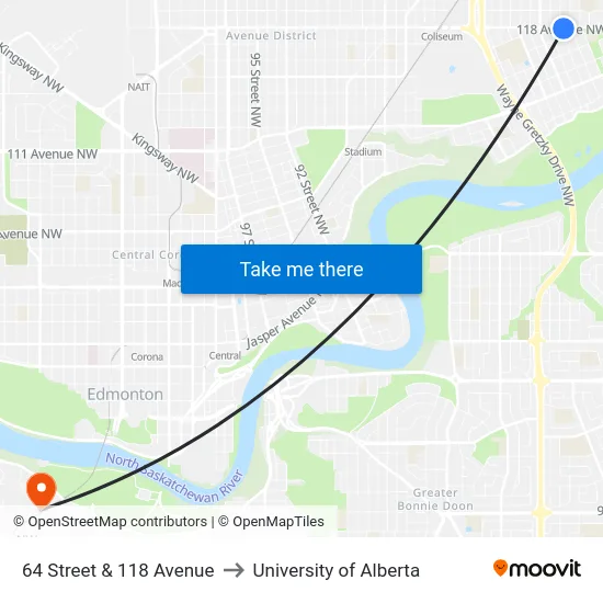 64 Street & 118 Avenue to University of Alberta map