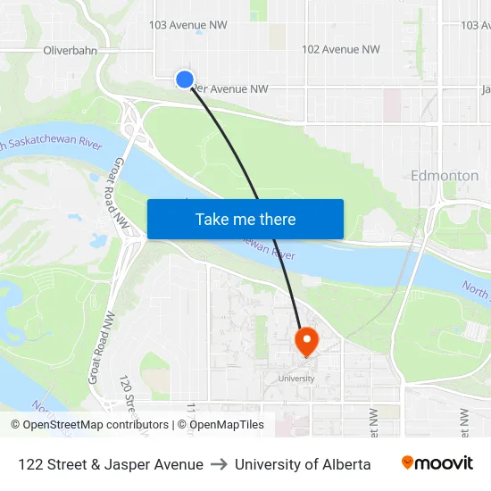 122 Street & Jasper Avenue to University of Alberta map