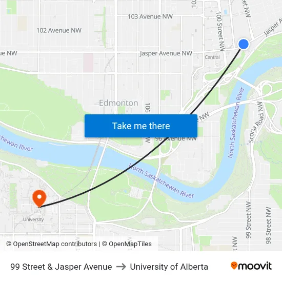 99 Street & Jasper Avenue to University of Alberta map