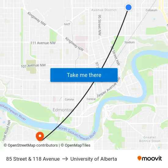 85 Street & 118 Avenue to University of Alberta map