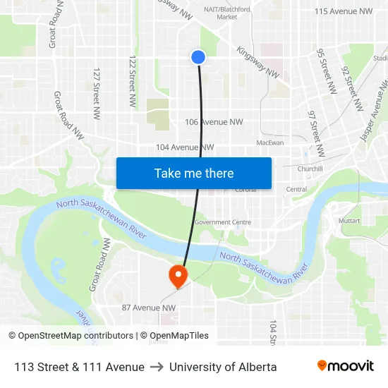 113 Street & 111 Avenue to University of Alberta map