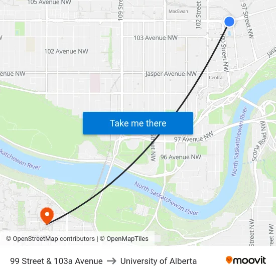 99 Street & 103a Avenue to University of Alberta map