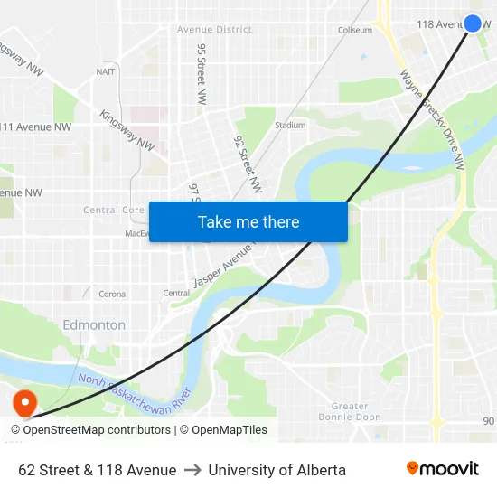 62 Street & 118 Avenue to University of Alberta map
