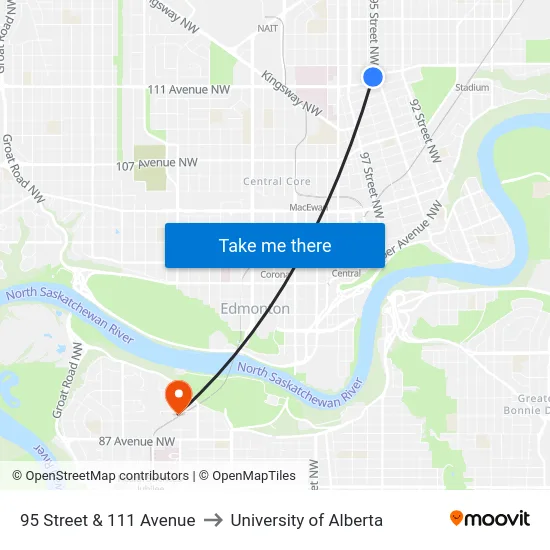 95 Street & 111 Avenue to University of Alberta map