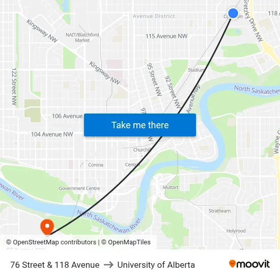 76 Street & 118 Avenue to University of Alberta map