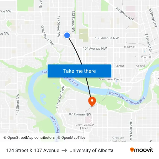 124 Street & 107 Avenue to University of Alberta map