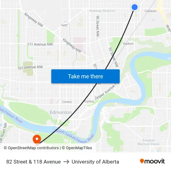 82 Street & 118 Avenue to University of Alberta map