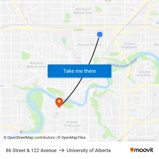 86 Street & 122 Avenue to University of Alberta map