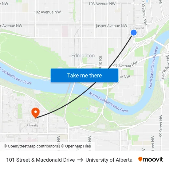 101 Street & Macdonald Drive to University of Alberta map