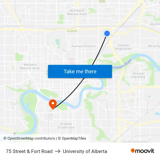 75 Street & Fort Road to University of Alberta map